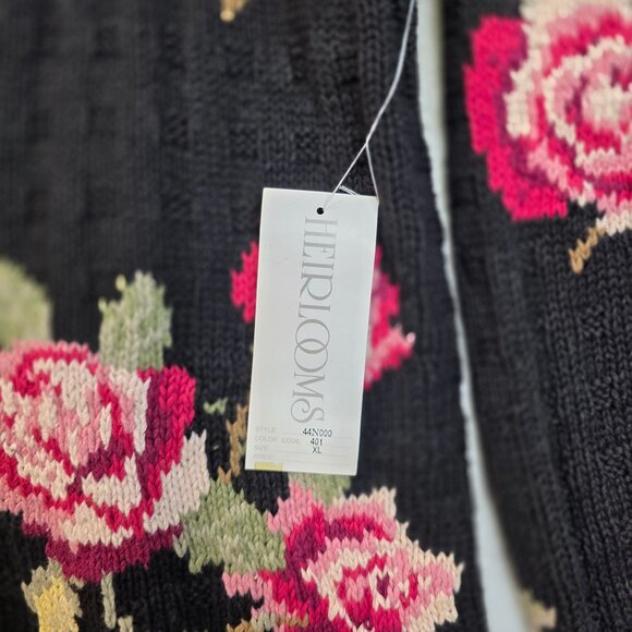 Floral Knit Cardigan Sweater XL Black Rose Pattern Button Front by Heirlooms - Picture 3 of 8